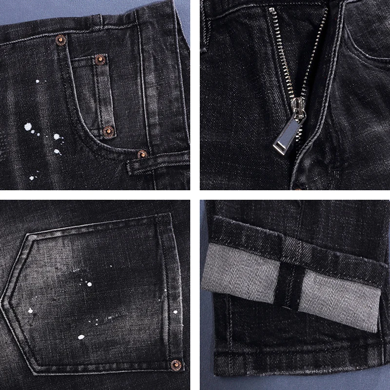 

Y2K street fashion new men's jeans leather tag scratch elastic slim fit washed nostalgic black gray jeans hip-hop brand designe