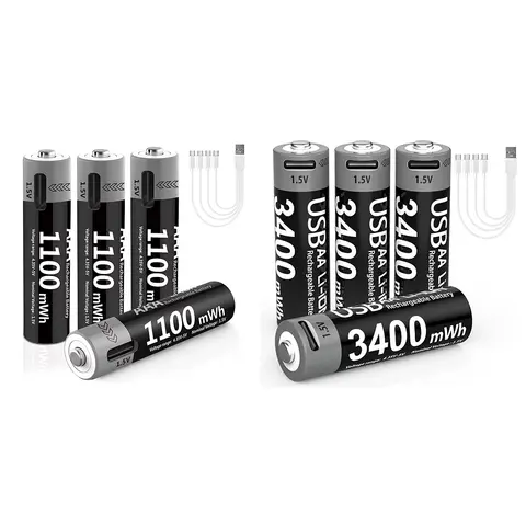 Kuugro Li-ion AAA and AA Rechargeable Batteries USB Lithium-ion 3400mWh 1.5V AA Rechargeable Batteries+1100mWh 1.5V AAA Battery
