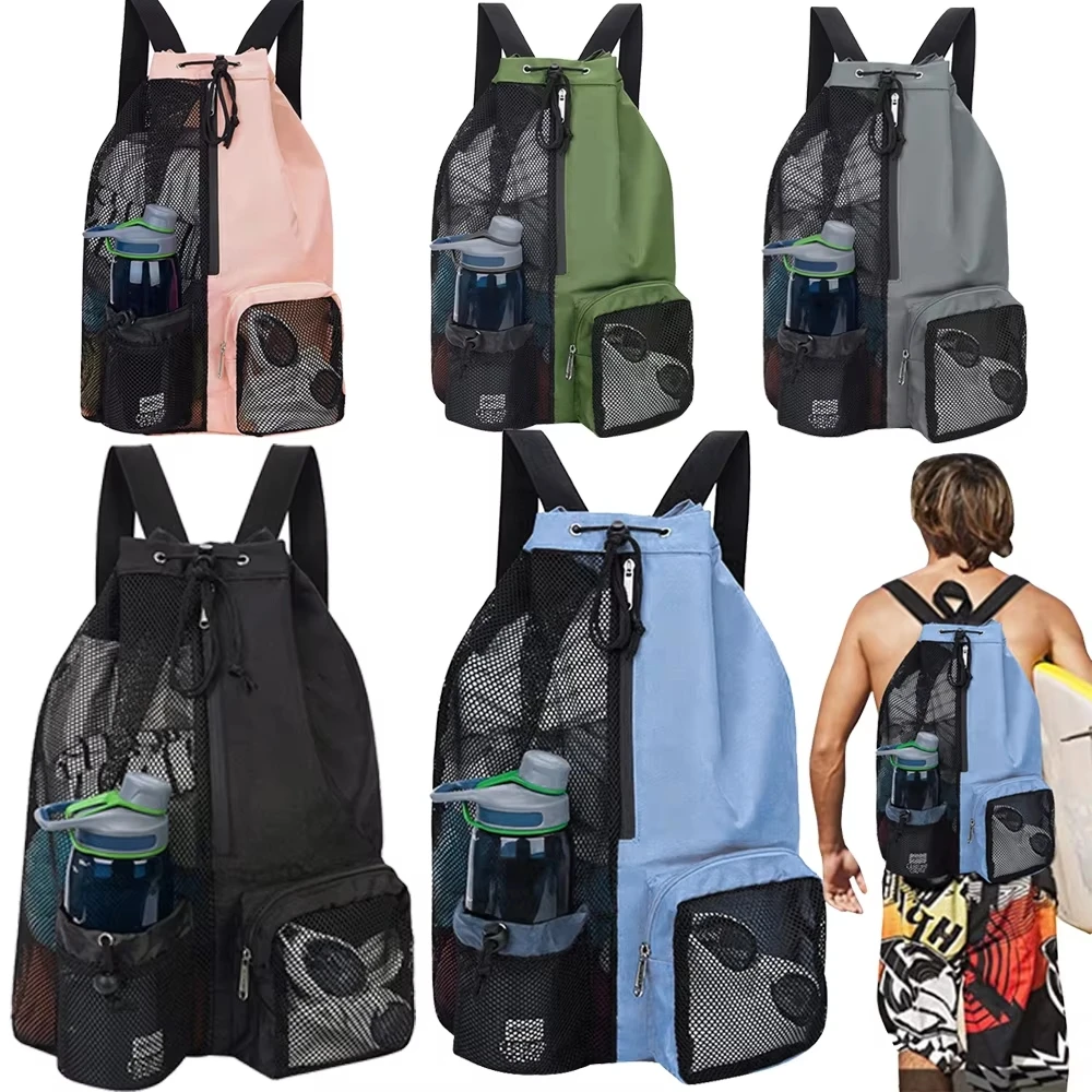 Beach Storage Backpacks Drawstring Swimming Bag with Wet Pockets Thickened Mesh Lightweight Comfortable for Training Equipment
