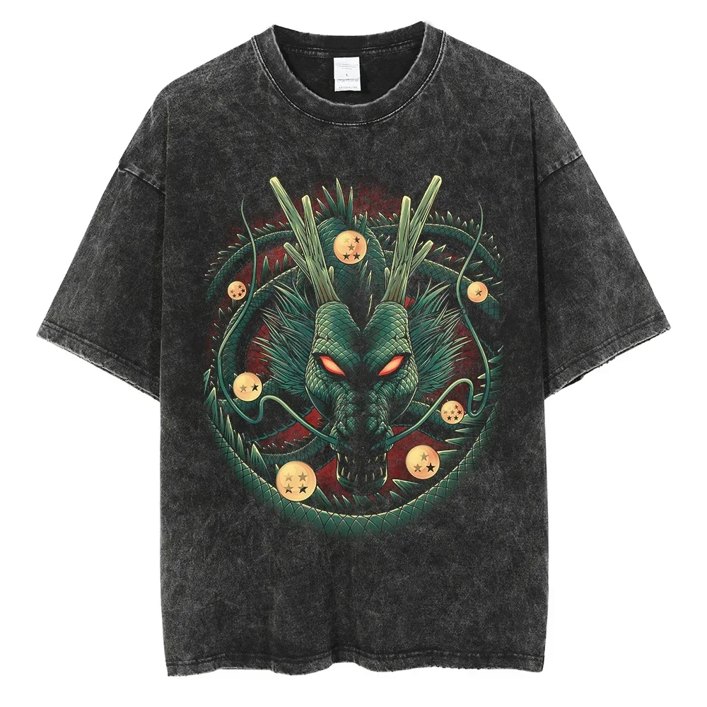 

BANDAI Streetwear Men's T-Shirt Dragon Ball Anime Graphic T Shirt Harajuku Cotton 2025 Men Summer Black Washed Tshirt Loose