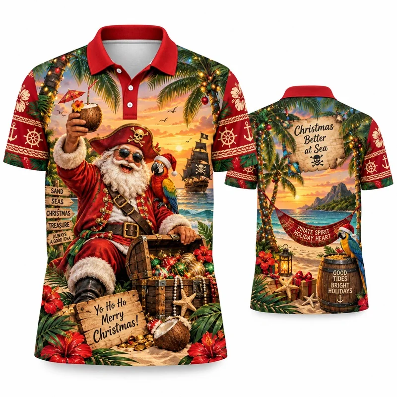 Mens Santa Treasure Christmas Polo Shirt Short Sleeve Old Map Compass 3D Xmas Casual Polo Top For Men Fun Party Christmas Polos