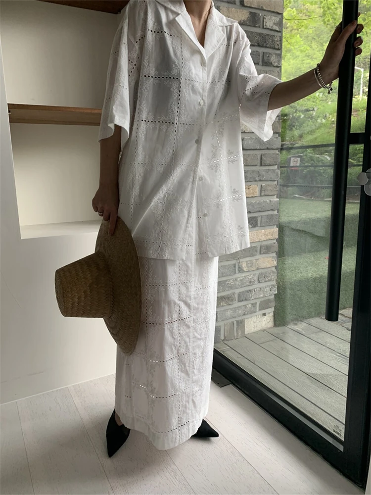 

2025 Girls Summer Blouse Women Shirt Set Short Sleeves Tops High Waist Bud Silk Lace Embroidery A Line Skirts Two Piece Suits
