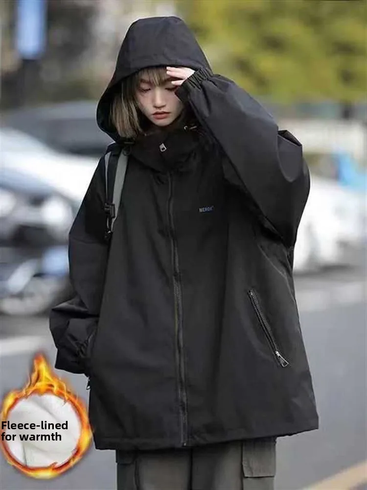 

Thiened Cotton Autumn Winter Waterproof Jaet Casual Hooded Zipper Loose Fit Women's ort Outerwear Versatile Casual Coat