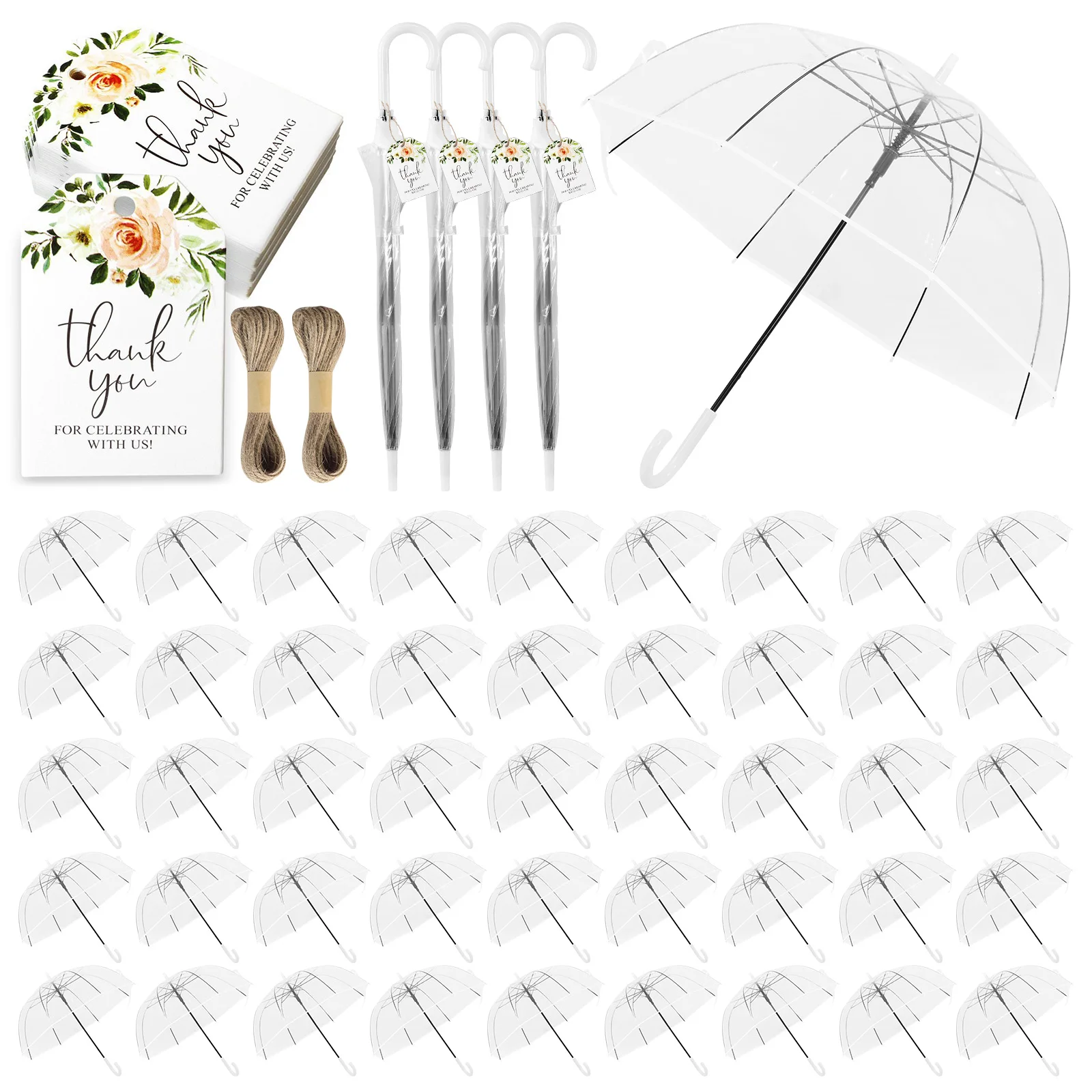 

52-дюймовые большие прозрачные зонты-купола оптом с классической ручкой-крючком, автоматическим открыванием, прозрачным куполом, бирками «Спасибо» и веревкой