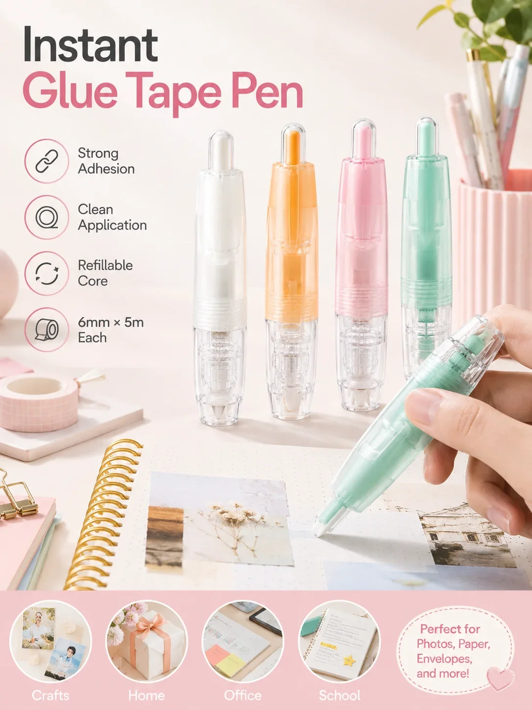 Click-Type Dot Adhesive Pen, Transparent No-Mark Double-Sided Tape, Correction Tape Style Glue for Handwriting