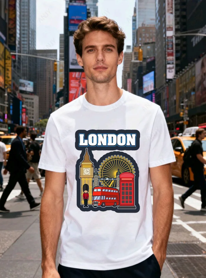 London Tower Bridge Ferris Wheel Pattern T-shirt City Landscape Travel Versatile Round Neck Short Sleeve Shirt