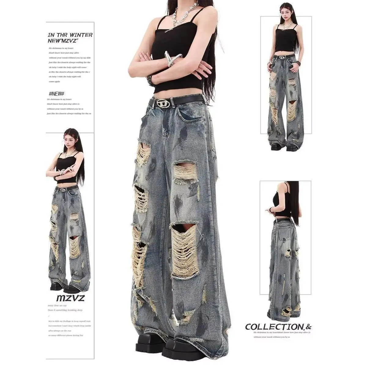 

Женские джинсы с эффектом потертости в стиле ретро, с высокой талией, широкими штанинами, длиной в пол, летняя новинка, из смесового хлопка и полиэстера