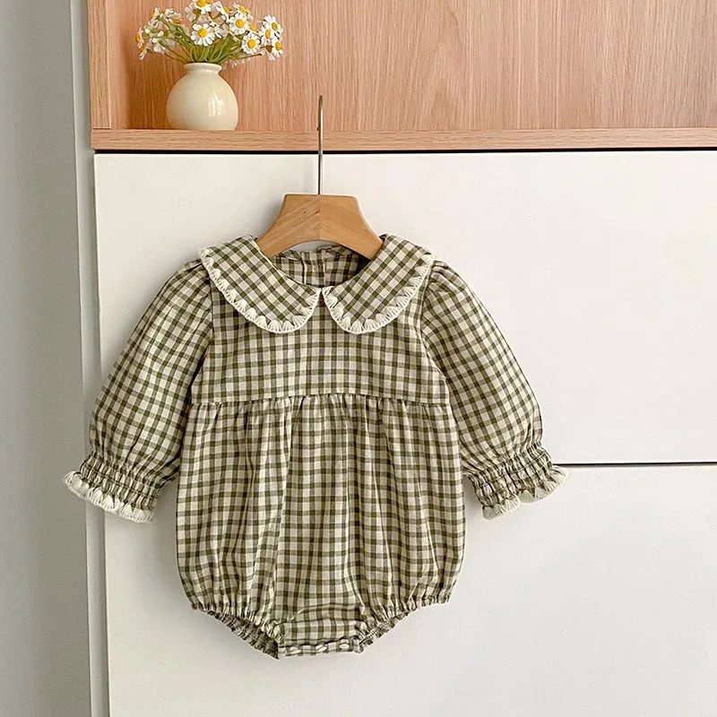 韓国版ドールカラープレイドドレス-女の子用-長袖ロンパース-ベビーカジュアルドレス