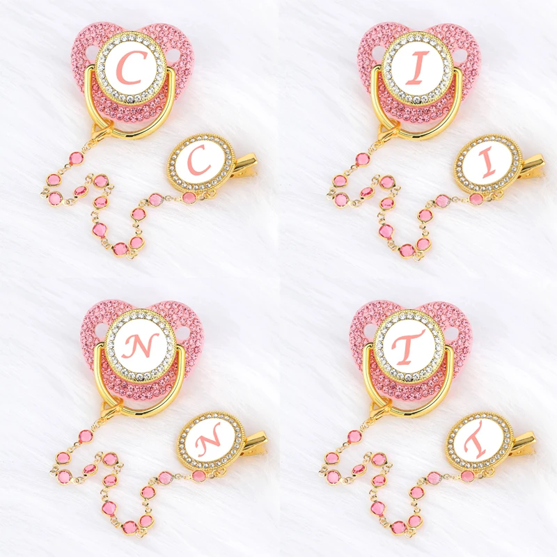 Name Initial Baby Pacifier Chain Clips Pink Crystal Newborn Luxury Personalized Pacifiers Silicone Nipple Infant Shower Gifts