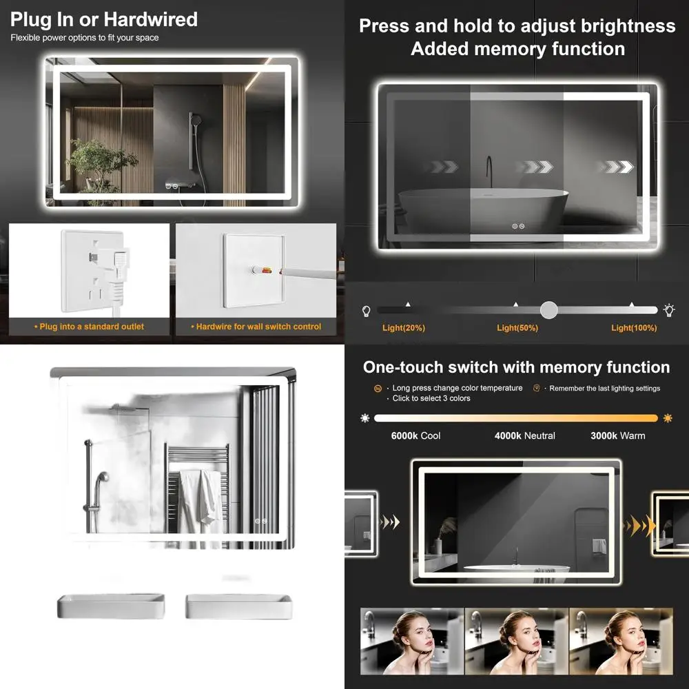 

Dimmable 3-Color LED Bathroom Mirror with IP54 Protection, Memory Function, Backlit & Front Lit, Shatter-Resistant Glass, Plug-i