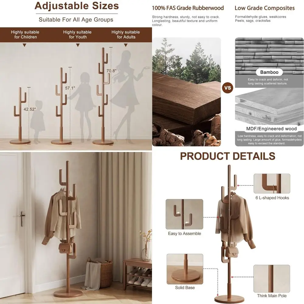 

Wooden Cactus Coat Rack - 6 Hooks, Adjustable, Suitable for Home Entryway, Bedroom, Living Room (Walnut)