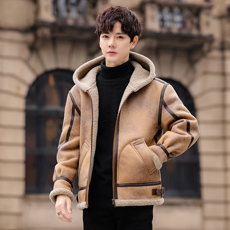 Men's American Style Loose Fit Hooded Fur Lined Thickened Winter Jacket Suede Outerwear Warm Retro Style Youth Coat