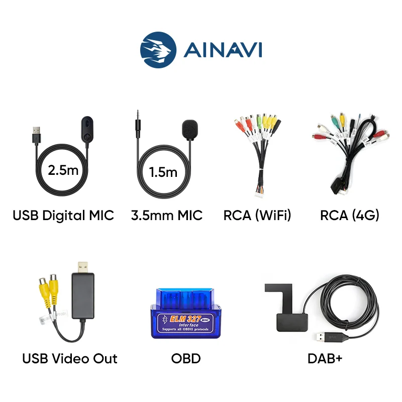 Wielofunkcyjny kabel RCA Ainavi do samochodowego multimedialnego systemu Android, USB, cyfrowy mikrofon…