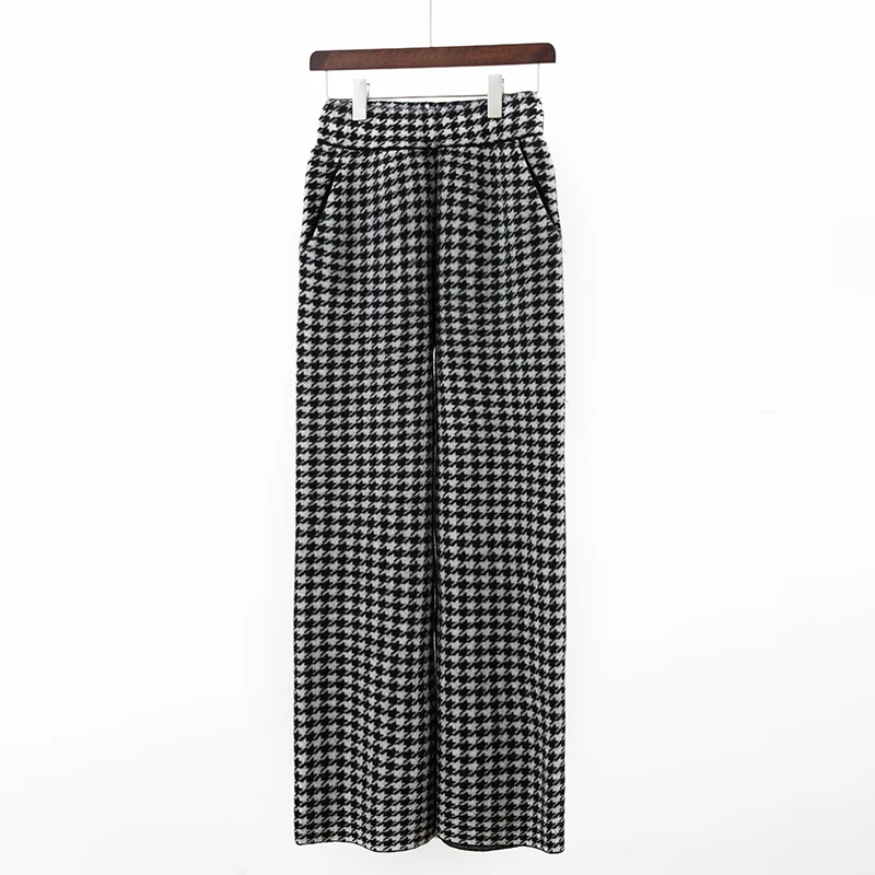 100% merino wool women's knitted trousers, fashionable, warm, thickened, houndstooth, wide-leg pants, new autumn and winter 2024