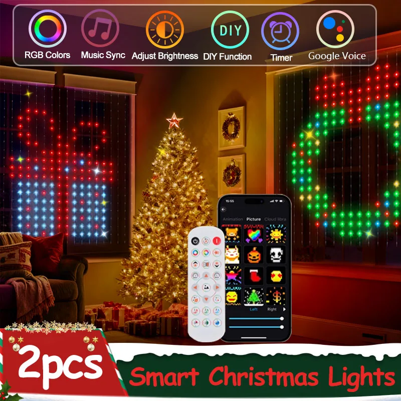 2025年-クリスマスライト-スマートledカーテンライト-アプリ制御-音楽同期-diyパターン-ip65防水-室内-屋外-ホームデコレーション用