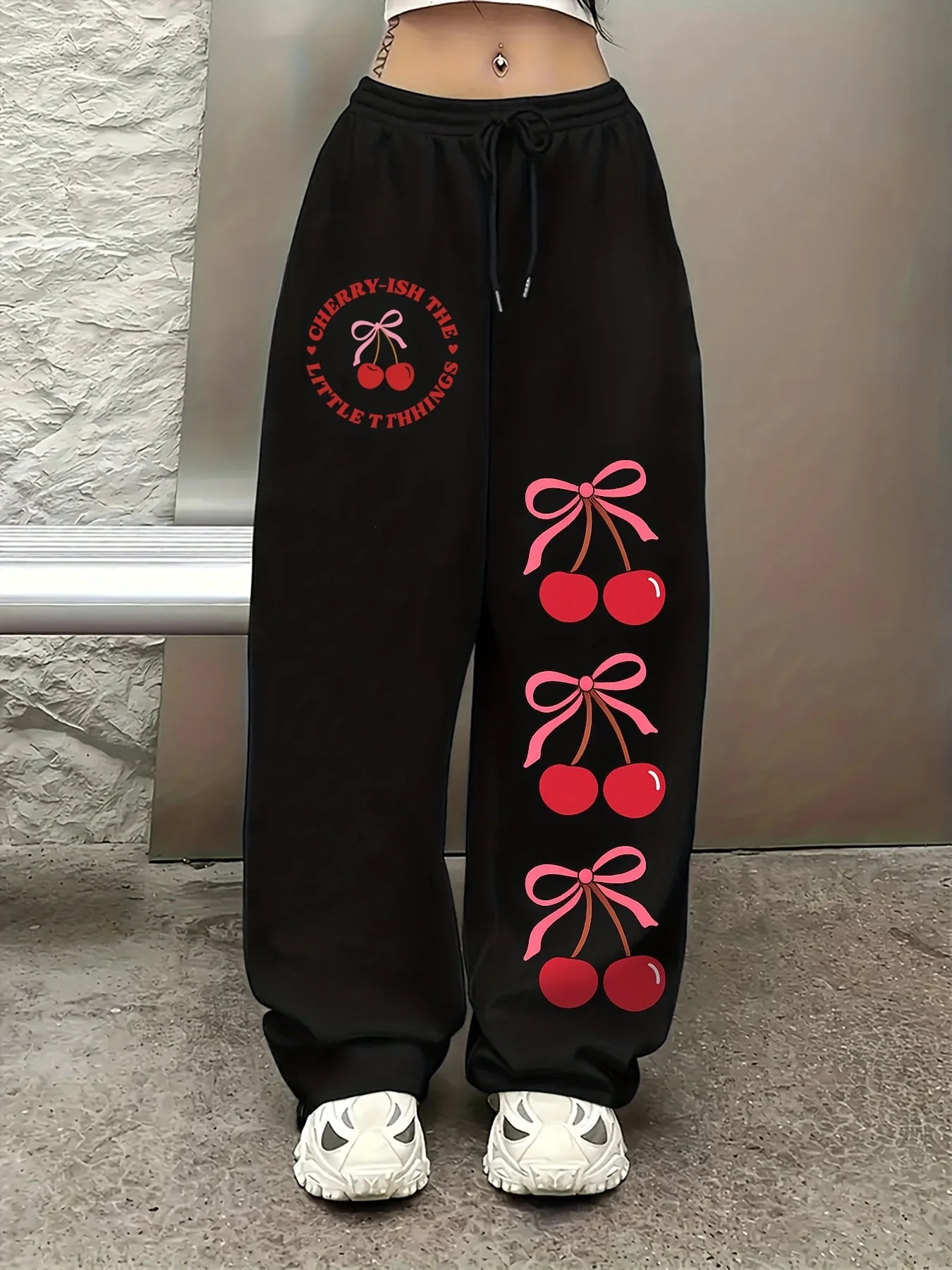 

Women's Autumn and Winter Plus-size Cherry Bow Pattern Loose Straight Fleece Leg Sweatpants Trendy Streetwear Stylish Versatile