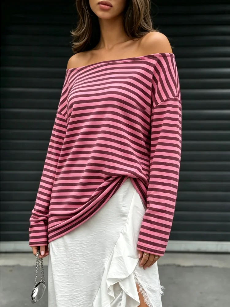 New Autumn New Preppy Style Crew Neck Striped Contrast Color Fashion Casual Women's Long Sleeve T-Shirt Versatile Elegant Top
