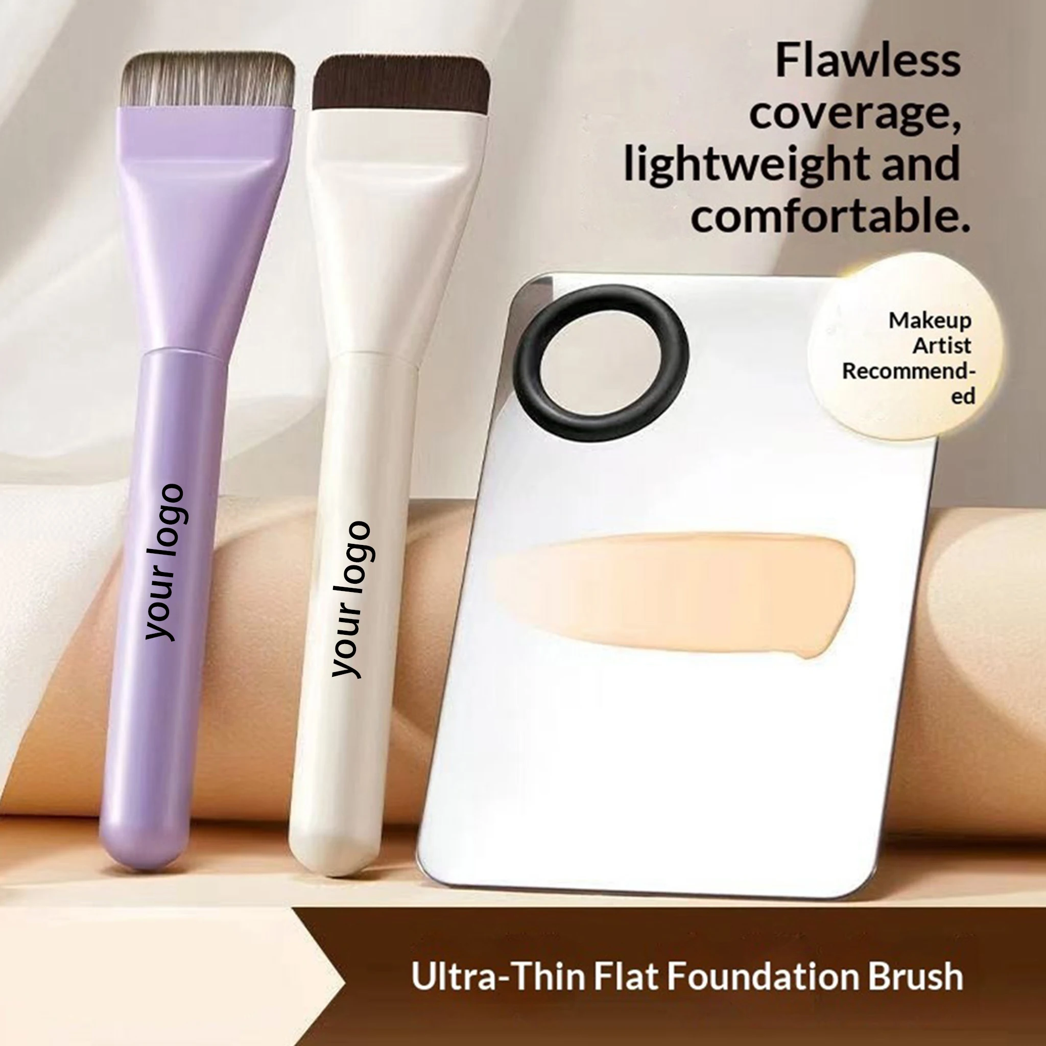 Flat Moon Shaped Ultra Thin Foundation Brush Mask Applicator Private Label Custom Logo Vegan Makeup Wholesale Make Up Brushes