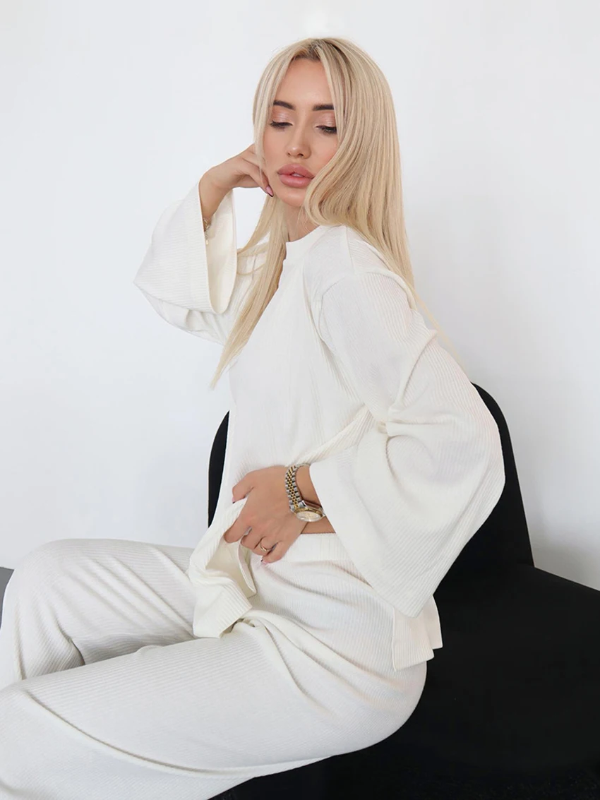 Marthaqiqi Autumn Causal Ladies Home Clothes O-Neck Sleepwear Long Sleeve Nightwear Wide Leg Pants Loose Nightgowns 2 Piece Set