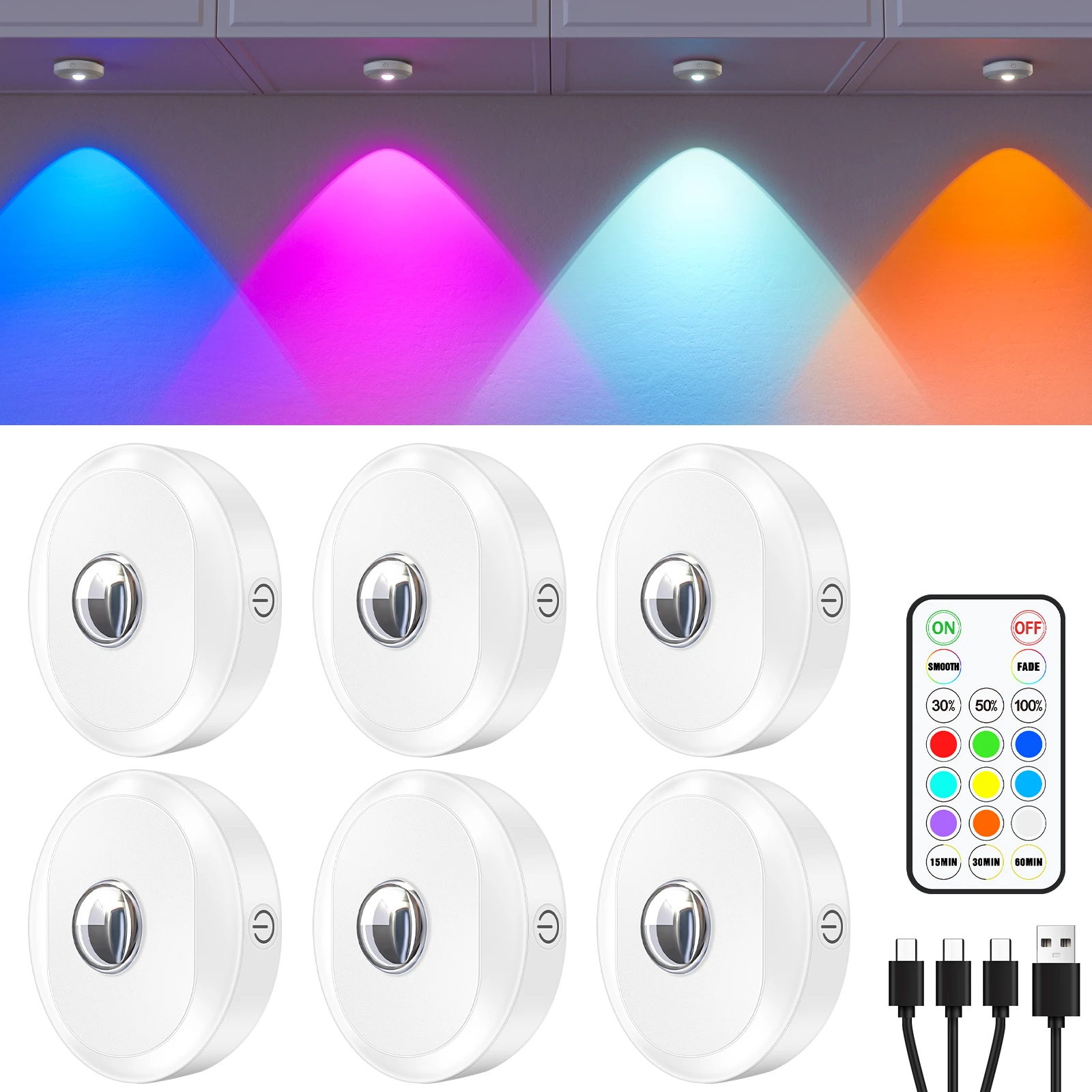 WILLED 6 PCS RGB Rechargeable Night Lights with Remote Control Dimmable Timing Function LED Lights for Kitchen Cabinet Shelf