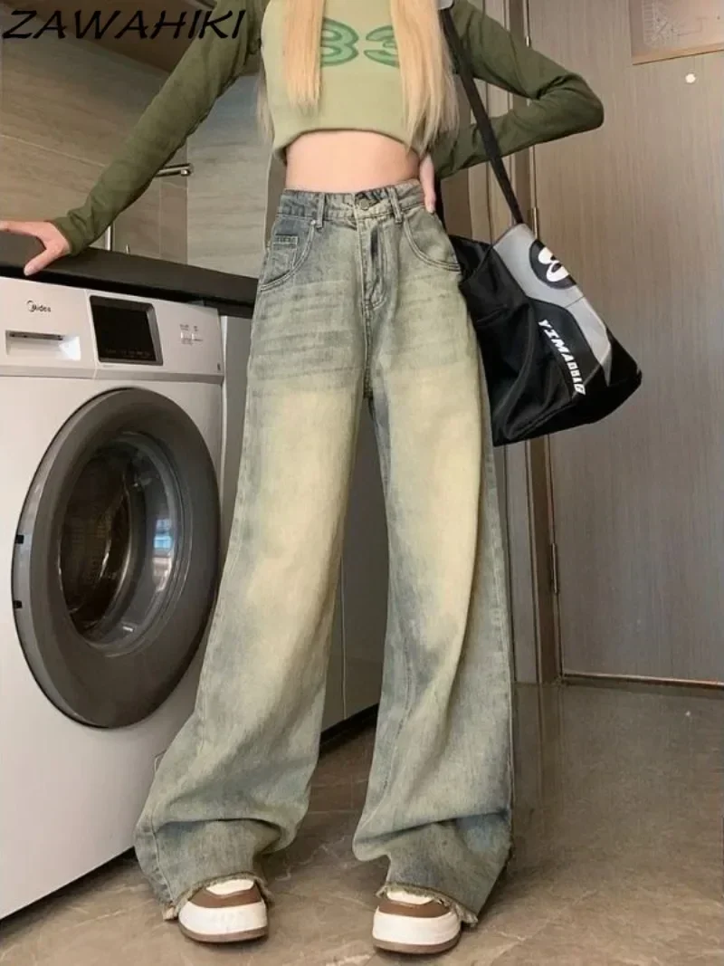 Imagem -02 - Calça Baggy Azul Vintage Perna Larga Cintura Alta Casual Senhora do Escritório Jeans Feminino Solto em Linha Reta Desgastado Y2k Kpop Mujer Pantalones