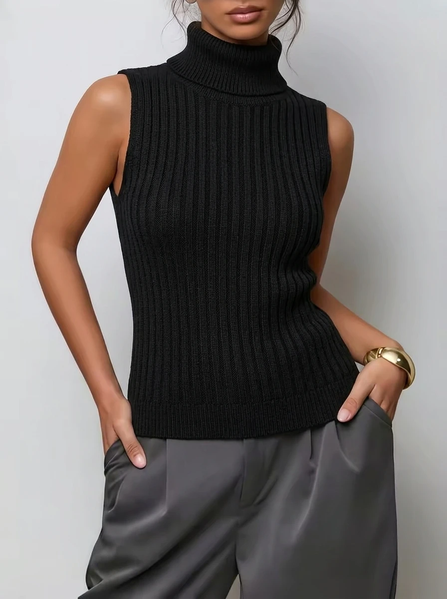 Women's Y2K Black Ribbed  Sleeveless Turtleneck Knit Tank Top Spring Summer Basic Slim Fit Casual Elegant Daily Crop Top