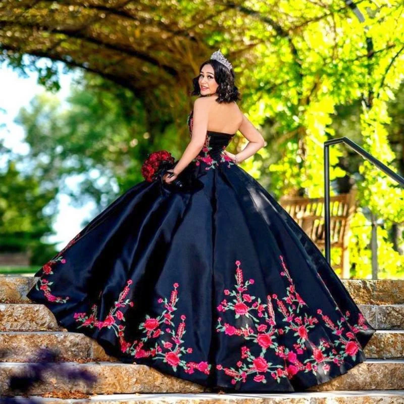 In Fashion-vestido de baile de quinceañera, traje largo de satén con apliques de flores, sin mangas, color negro, talla grande, 2024