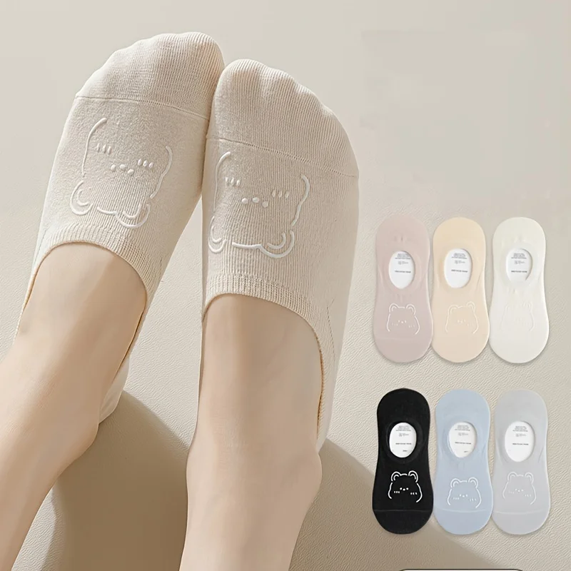 

6 пар женских летних тонких невидимых носков-лодочек, которые не падают и милые короткие носки с плюшевым мишкой из мультфильма