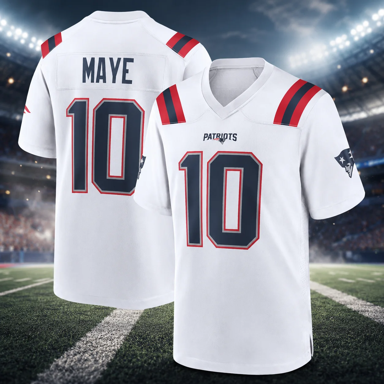 Patriots Maye No.10 Double‑Sided Print Football Jersey, Men V‑Neck Short Sleeve Game Uniform, Breathable Bird‑Eye Mesh Fan Suppo