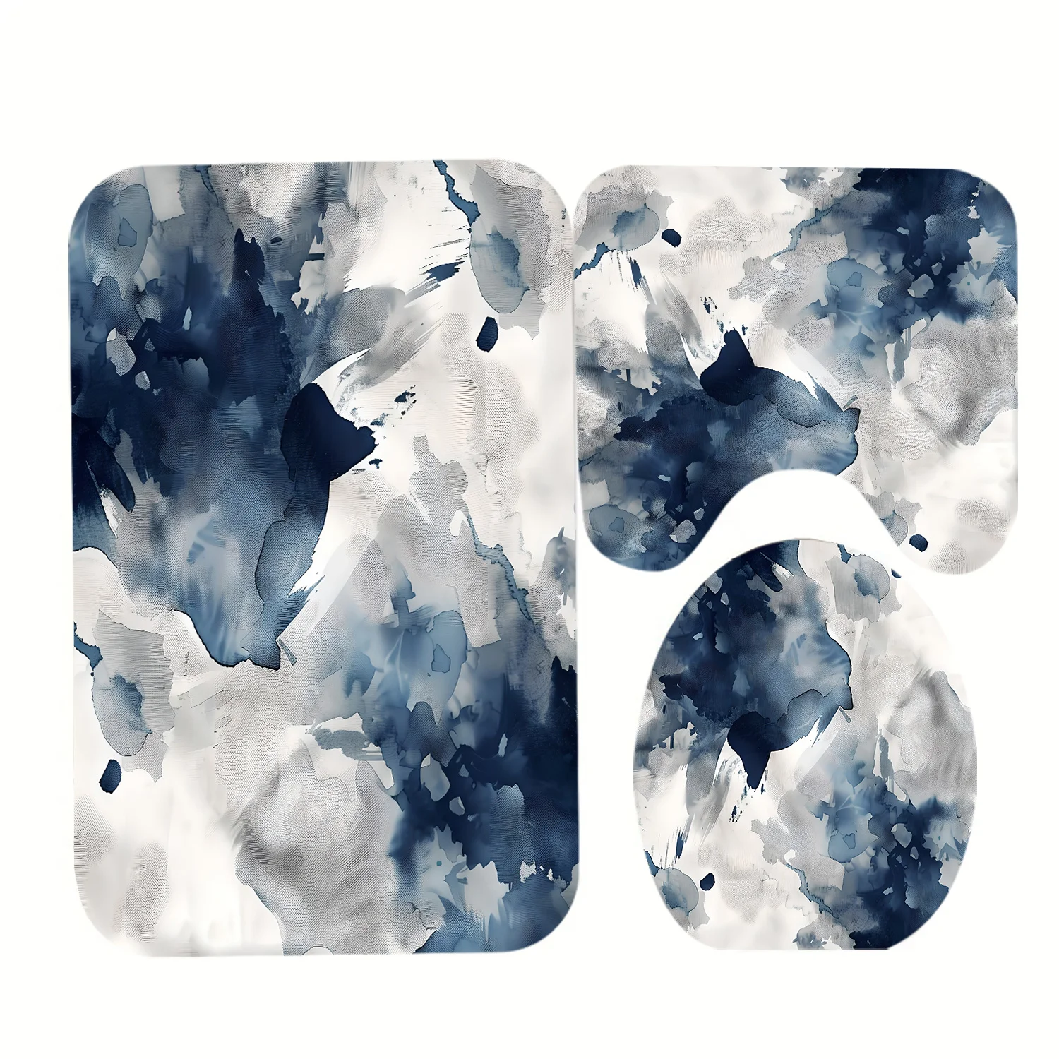 

Синий и белый акварельный брызговик из 3 предметов — нескользящий коврик и U-образный коврик, чехол на сиденье унитаза, полиэстер, который можно стирать в машине