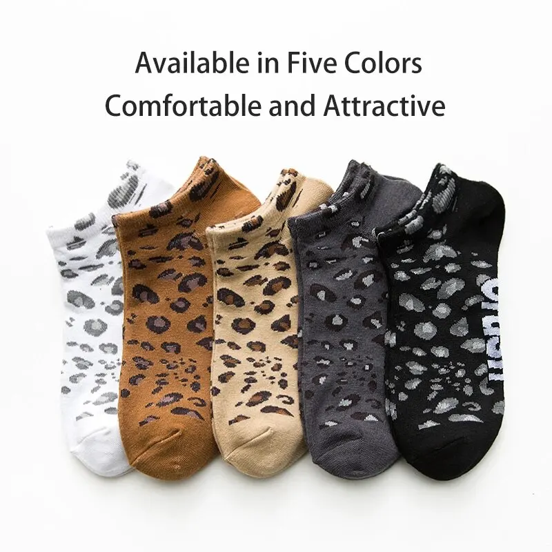 5 Pairs of Women\'s Seasonal Fashionable and Trendy Leopard Print Cotton Sweat-absorbing and Comfortable Sports Low Top Socks