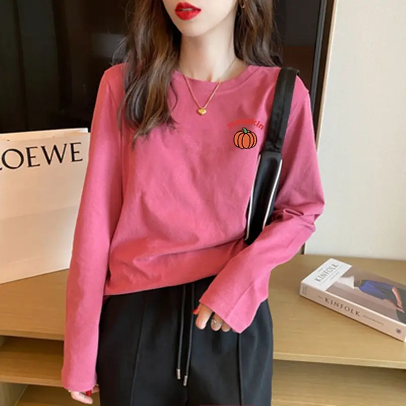 Korean Spring Autumn Women's 2024 New Spliced Pullover O-Neck Printed Letters Fashion Solid Color Loose Casual Long Sleeved Tops