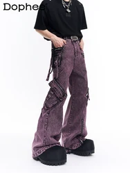 Pantalones vaqueros de pierna ancha con cremallera para hombre, vaqueros con múltiples bolsillos, Color sólido, moda urbana, novedad de verano 2024