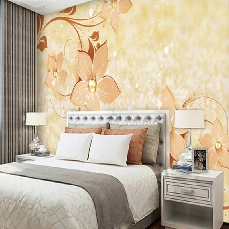 Modern champagne gold noble pearl flower vine gold TV luxurious home bedroom sofa background wall painting