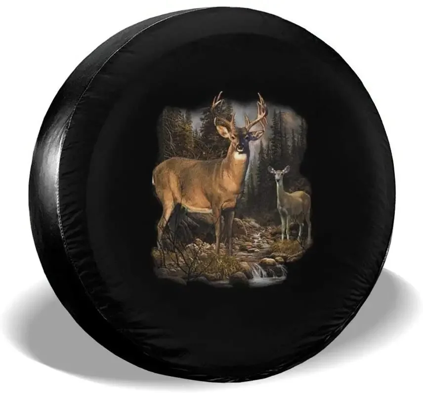 Foruidea Deer in Woods Stream Buck Doe Hunting Tire Cover Waterproof Dust-Proof UV Sun Wheel Tire Cover Fit for