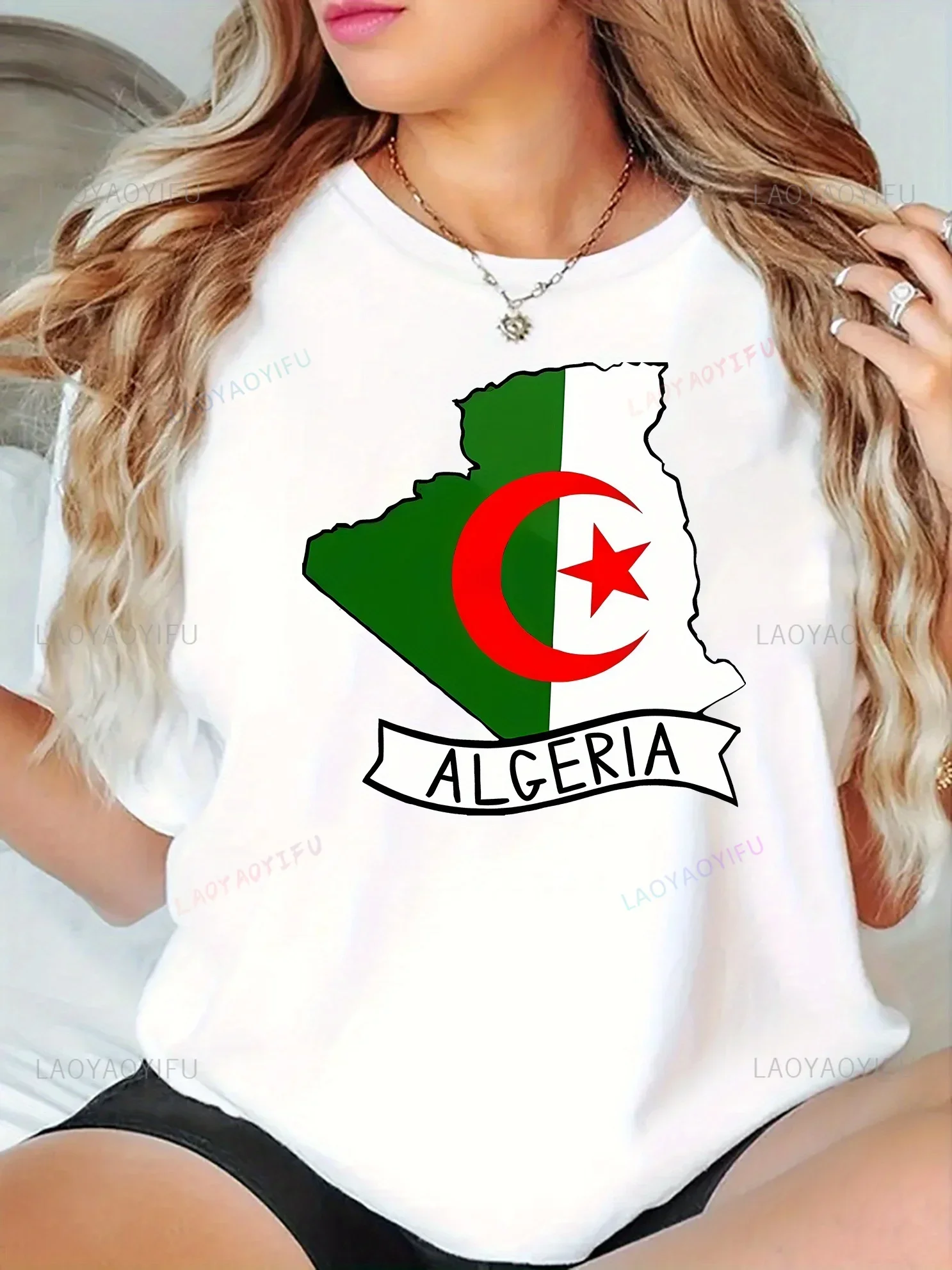 تي شيرت مطبوع عليه علم الجزائر للنساء كاجوال برقبة دائرية وأكمام قصيرة تي شيرت قابل للتنفس متعدد الاستخدامات موسمي جديد كاجوال بسيط #2
