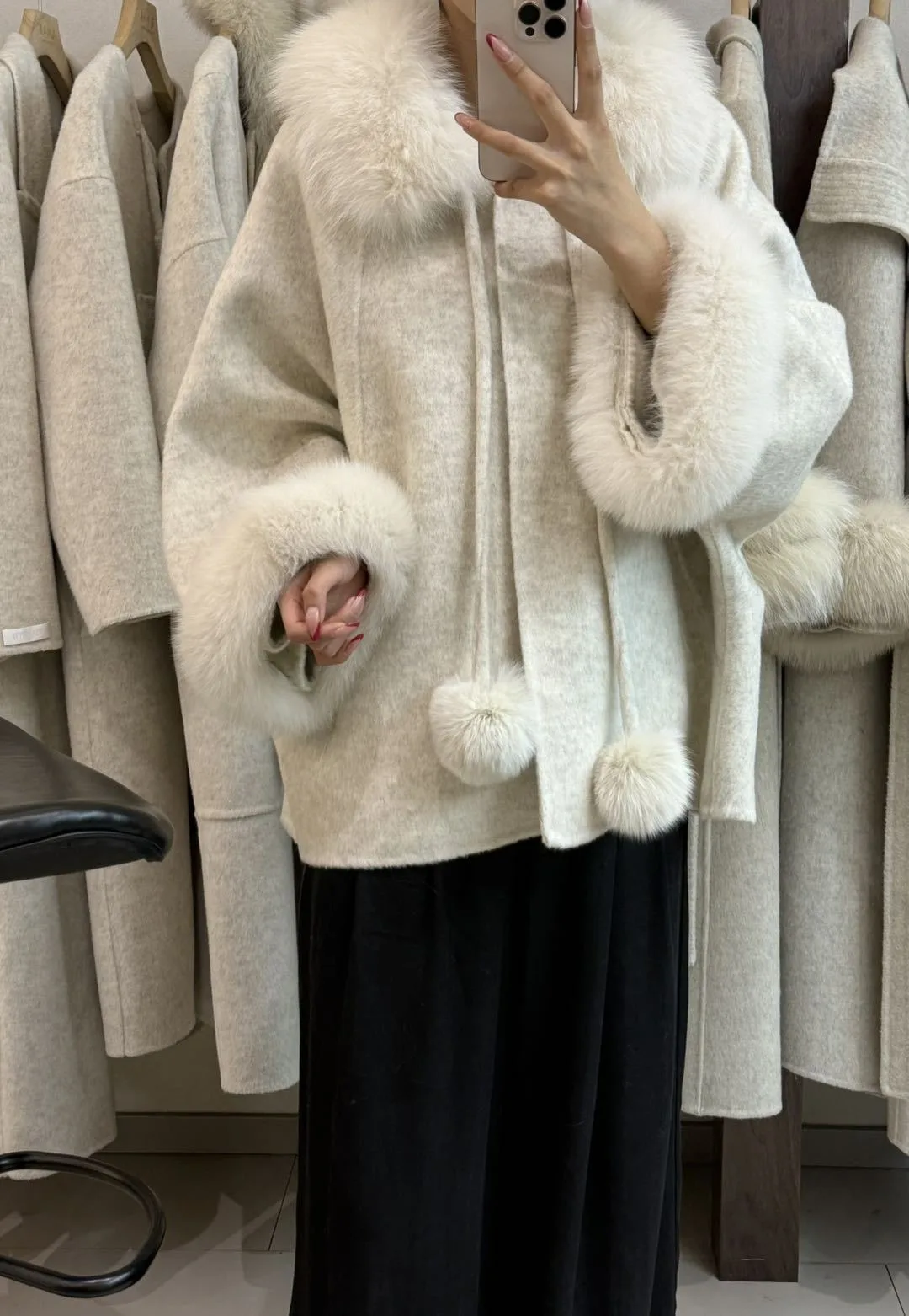 OFTBUY Women's Short Wool Coat Real Fox Fur Collar Cuffs Pom Pom Drawstring Woolen Clothing New Winter Warm Elegant Outerwear