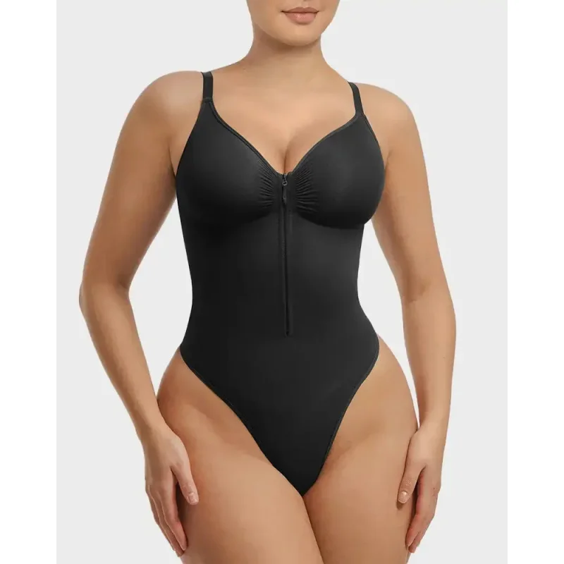 Fajas Colombianas Zipper Front Seamless Shapewear Tummy Control Zipper Thong Body Shaper V-Neck Waist Girdle Bodysuit for Women