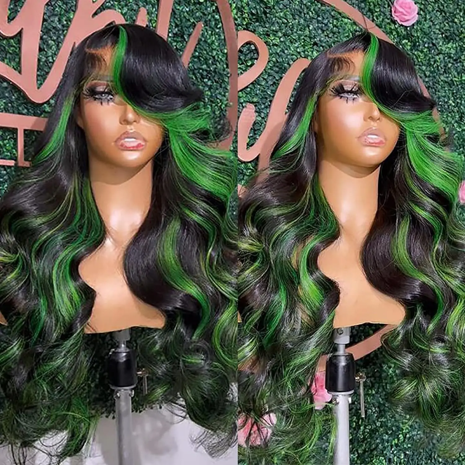 13X4 Synthetic Lace Front Wigs Highlight Black with Green Streak Colorful Long Wavy Glueless Synthetic Hair Heat Resistant