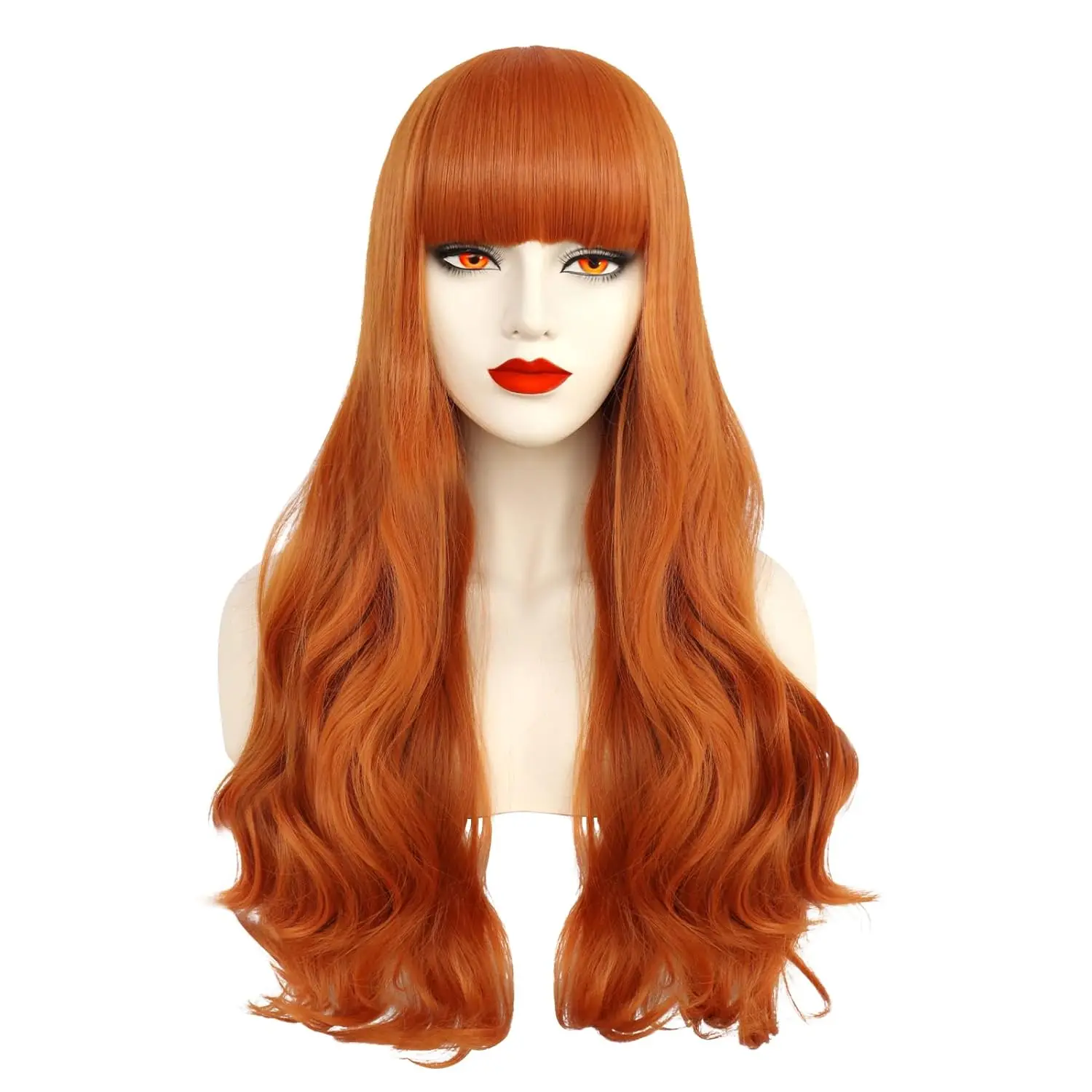 Orange Red Wig with Bangs Nami Wig Long Wavy Orange Wig for Women Girls Heat Resistant Synthetic Cosplay Party Costume Wig