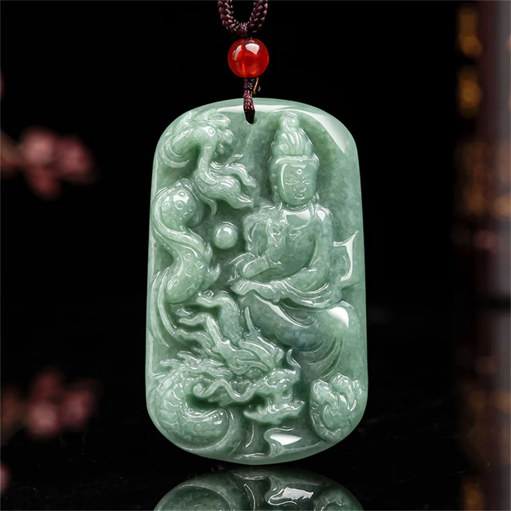 

Natural Green Jadeite Hand Carved Chinese Dragon GuanYin Lucky Pendant Amulet Necklace Certificate Luxury Jade Jewelry Gift
