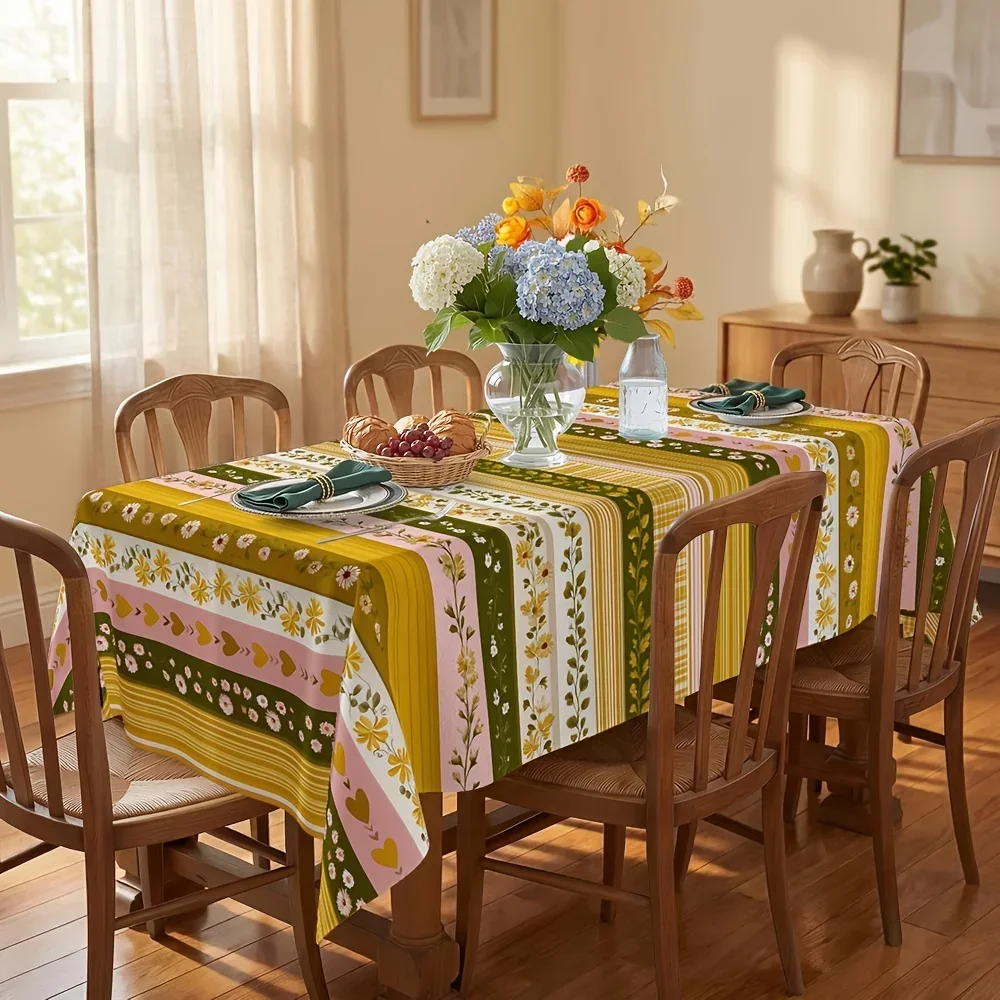 One-piece striped Mother's Day tablecloth - colorful vertical stripes featuring daisies and yzb