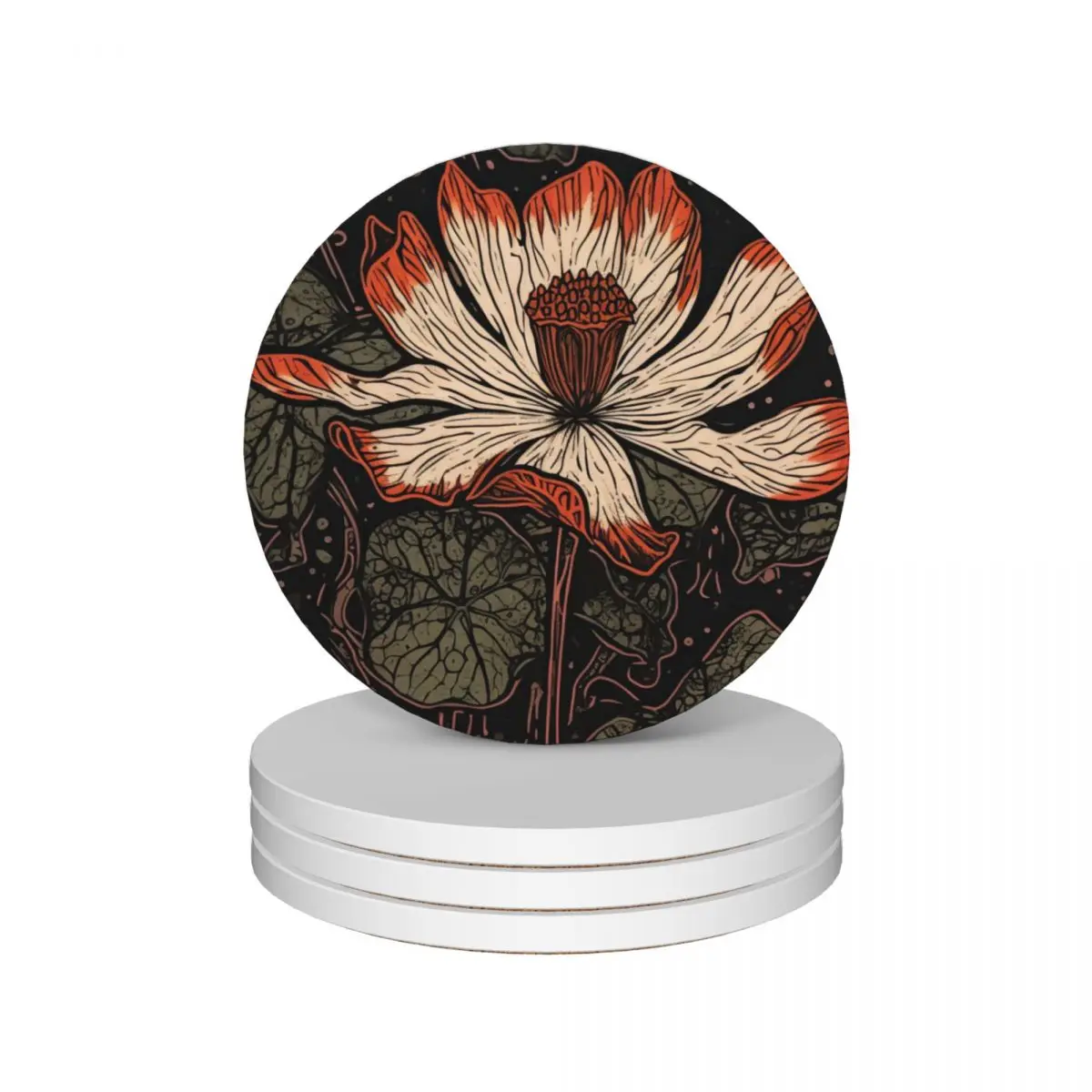 

Orange and White Flower Woodcut Floral Illustration Ceramic Coasters (Set of 4) kawaii Tea cups Coasters