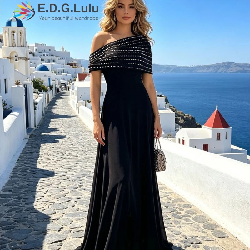EDGLuLu 2026 Autumn New Slant Neck Hot Diamond Splicing Slim Black Dress Woman One Shoulder Short Sleeved Long Dresses 1005