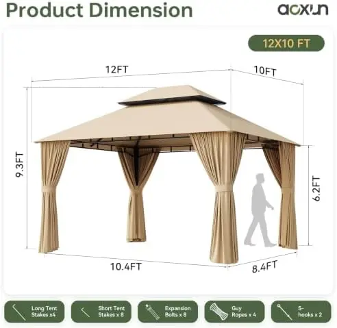 12x10 Gazebo with Curtain & Mosquito Netting Outdoor Heavy-Duty Party Tent with Double Roof, Patio Tent with Zipper