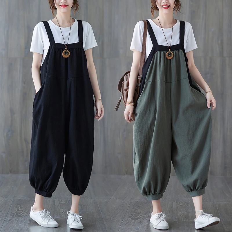 High-Quality Women's Jumpsuit Solid Casual Loose Retro Shoulder Straps Cotton Linen Comfortable Casual Women's Jumpsuits wh12