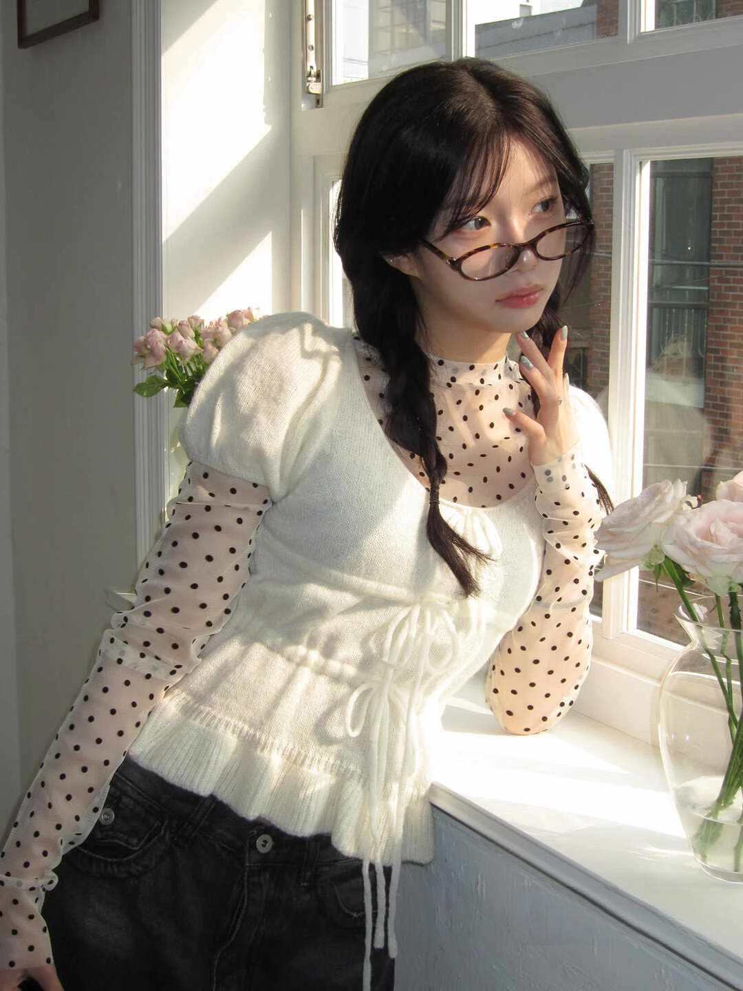 Unique SEI Korean Sle Sweet Desire See tough Polka Dot Me Slimming Base T irt round Ne Long Sve Commute Sle