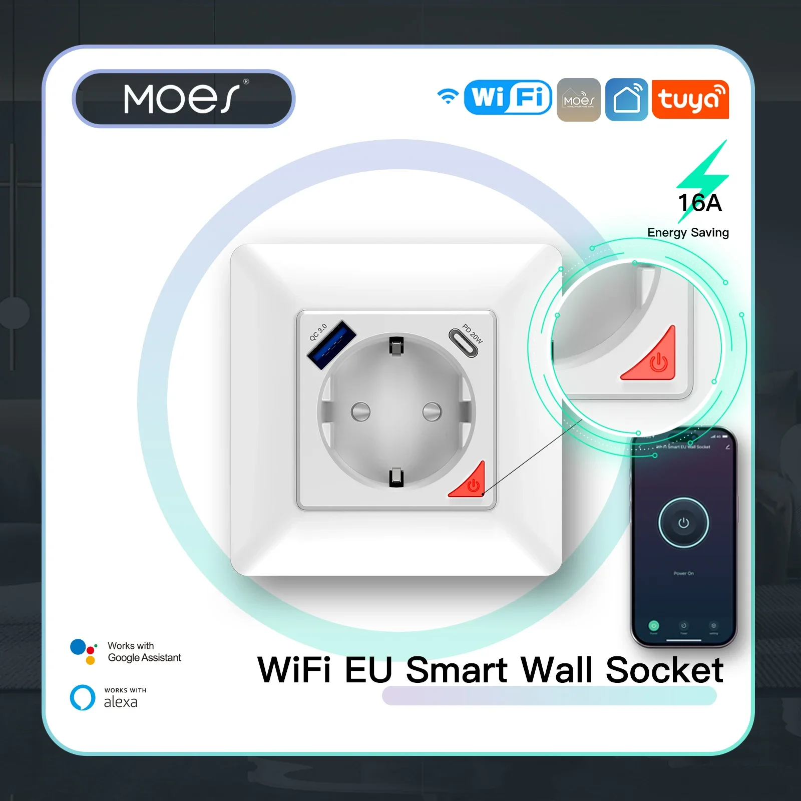 MOES WiFi Tuya Smart Socket EU Power Plug Outlet Fast Charge USB Type-C APP Remote Control Voice Control Alexa Google Home