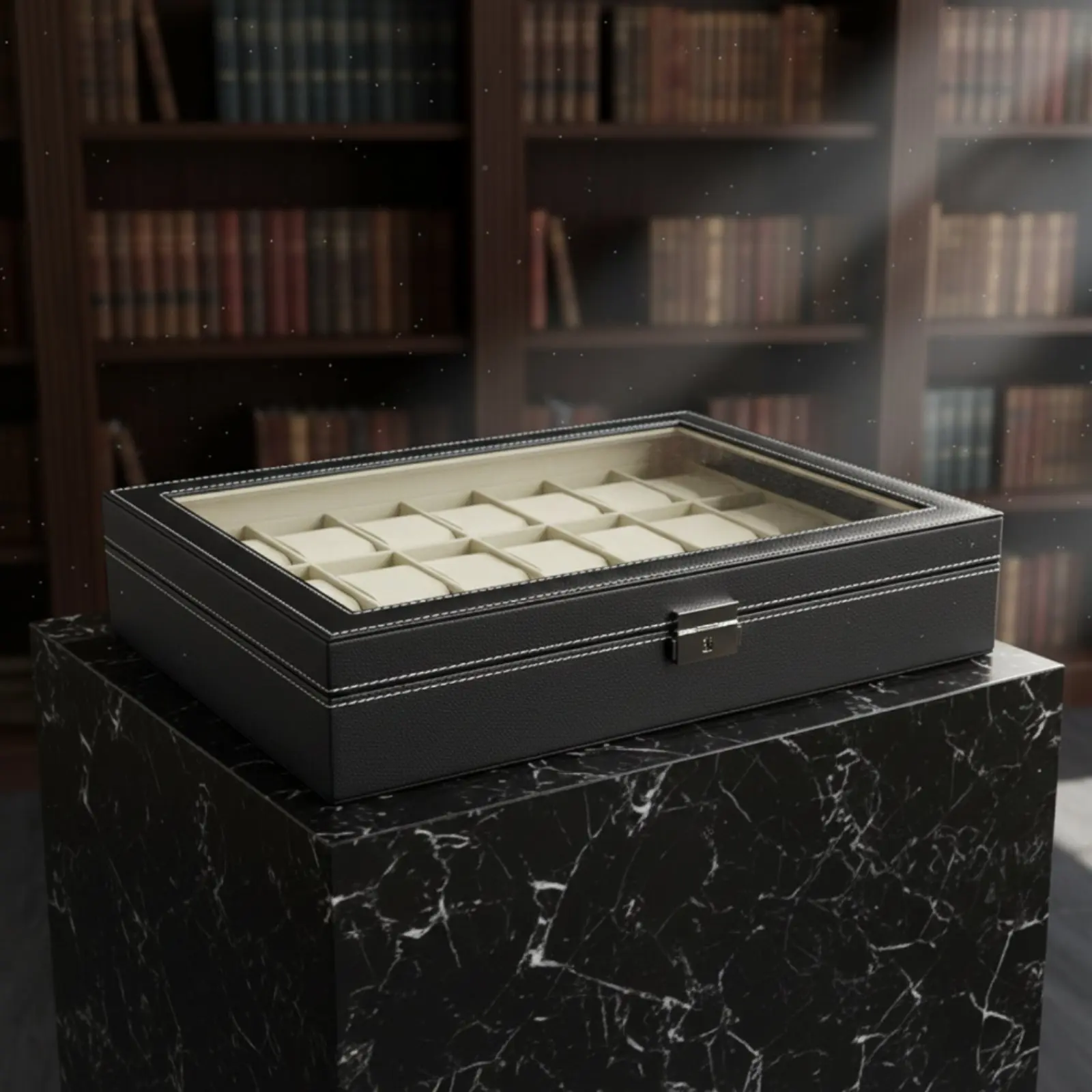 24コンパートメントウォッチボックス安全な金属製クラスプ付きウォッチディスプレイケース、ガラストップ、ソフトな裏地、清潔で汚れにくい、男性用