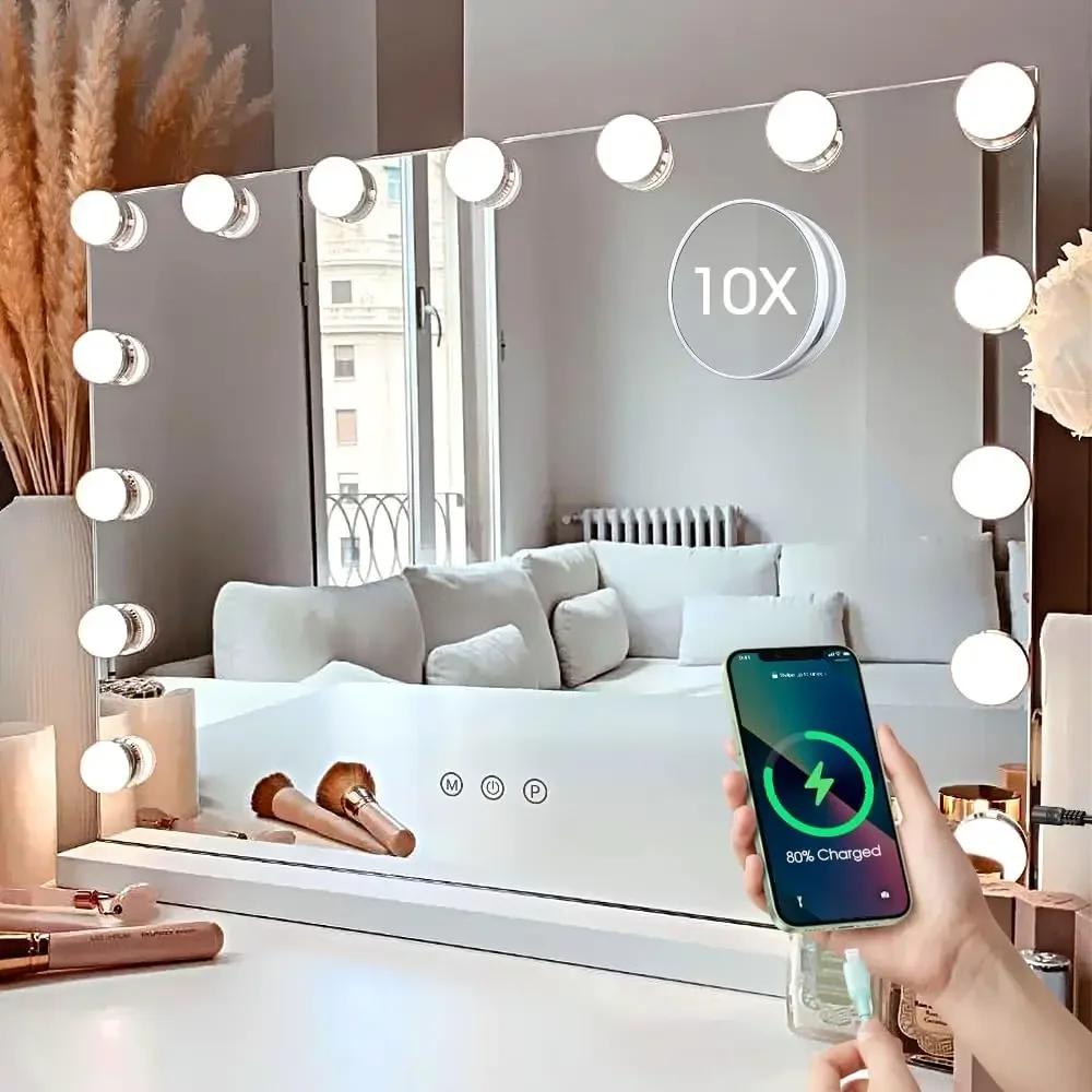 

Vanity Mirror with Lights-Large Makeup Mirror Hollywood Lighted Mirror with 15/17/18 LED,3 Color Modes,Touch Control,USB Charger